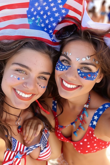 Foto due donne con la faccia dipinta con la bandiera americana sui loro volti una donna di luglio si trucca