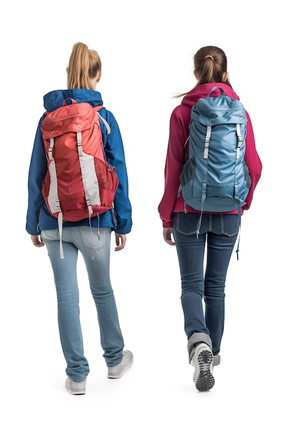 Two women with backpacks walking towards the camera generative ai image