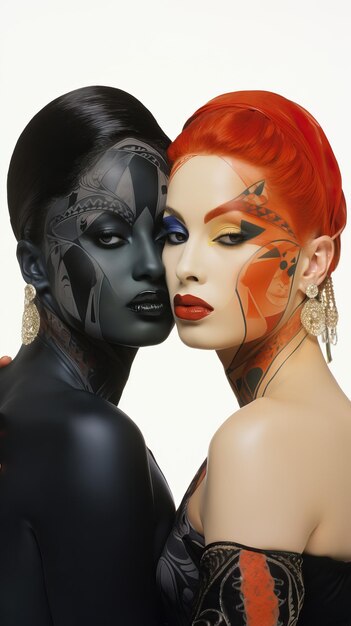 two women with black and orange face paint