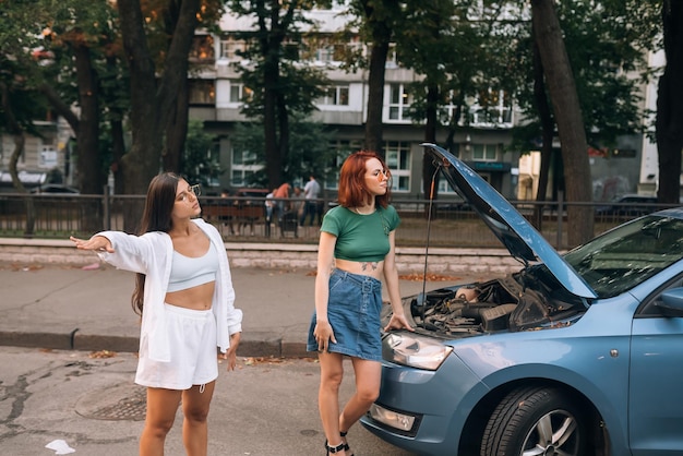 Two women with broken car road look for help