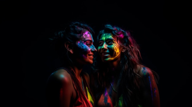 Two women with colorful face paint are smiling at the camera