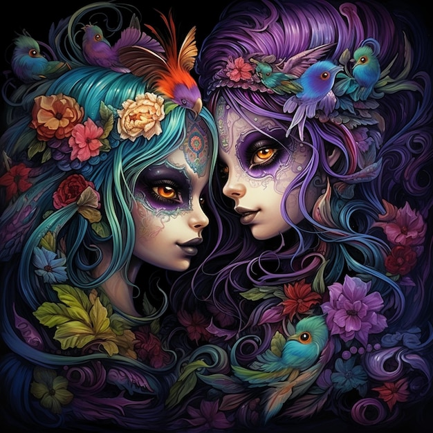 two women with colorful hair and flowers in their hair generative ai