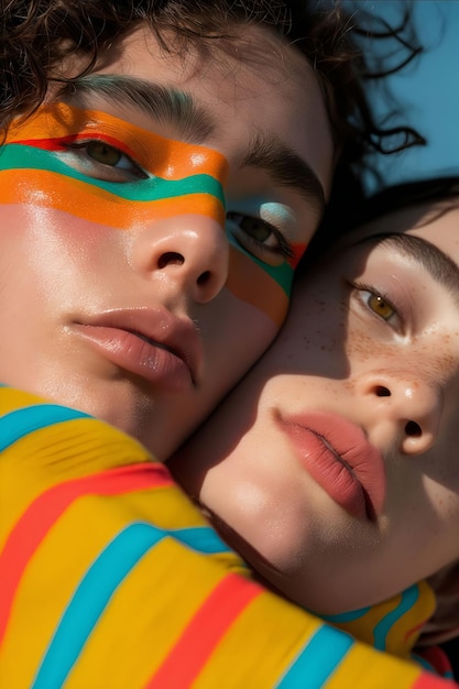 Two women with colorful makeup and a striped face