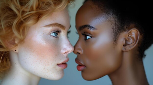 Photo two women with different skin tone look at one another