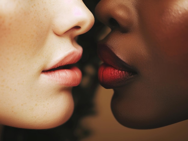 Photo two women with different skin tones are kissing each other39s lips