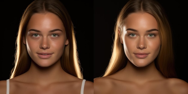 Фото Две женщины с разными тонами кожи до и после макияжа