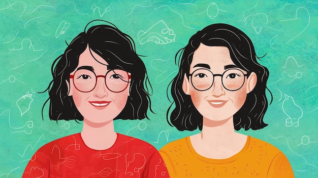 眼鏡をかぶった2人の女性一人は赤いシャツを着てもう一人は女の子だと書いてある