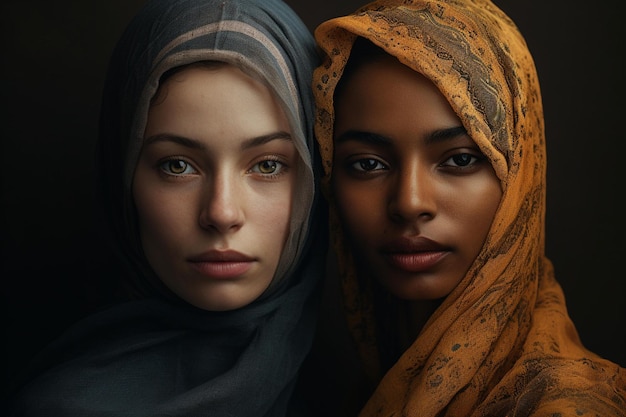 Two women with headscarf on a dark background