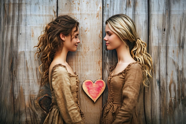 Two women with heart on wooden background