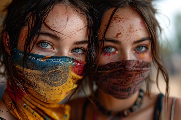 Photo two women with painted faces one wearing a scarf with the other with the other one wearing a scarf