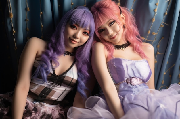 две женщины с фиолетовыми волосами позируют перед камерой