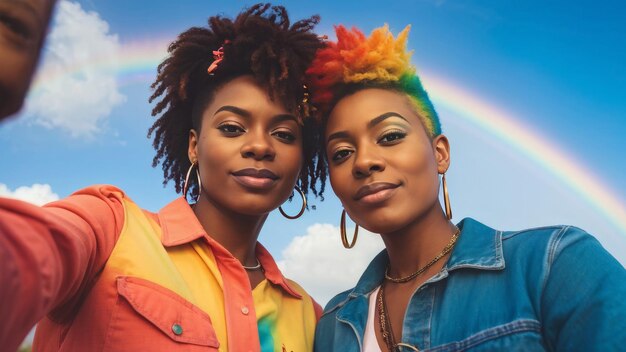 Photo two women with rainbow hair and rainbow hair pose for a photo