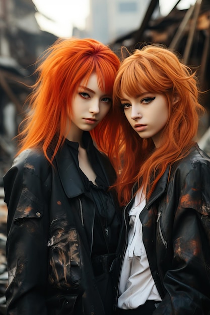 two women with red hair and black leather jackets