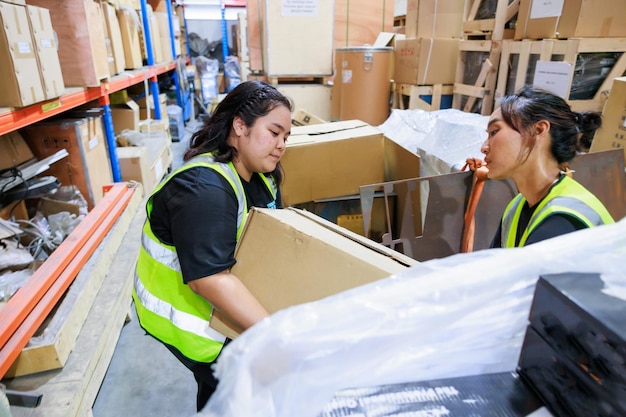 Two women worker carrying and lifting heavy cardboard box Asian obese female warehouse worker in safety vest and hardhat helmet working in warehouse factory industrial