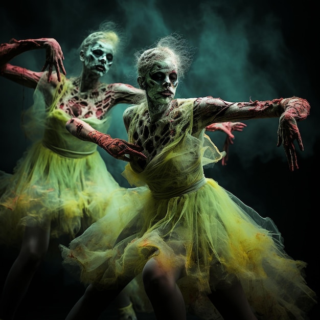 two women in a yellow dress are dancing in the dark.