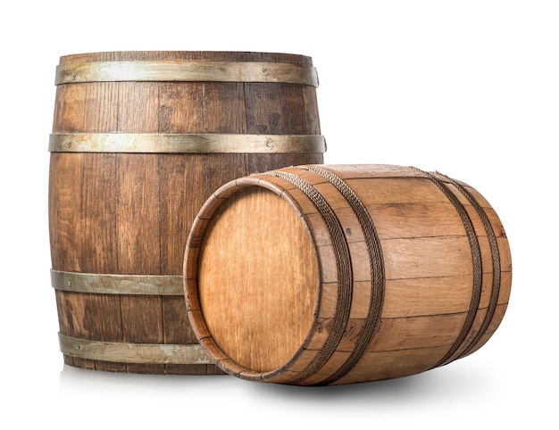 Two wooden barrels isolated on a white background