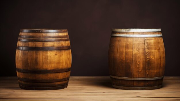 Two wooden barrels on wooden background in cellar of vinery Generative AI