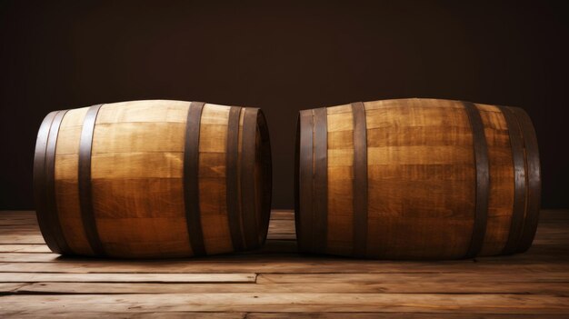 Photo two wooden barrels on wooden background in cellar of vinery generative ai