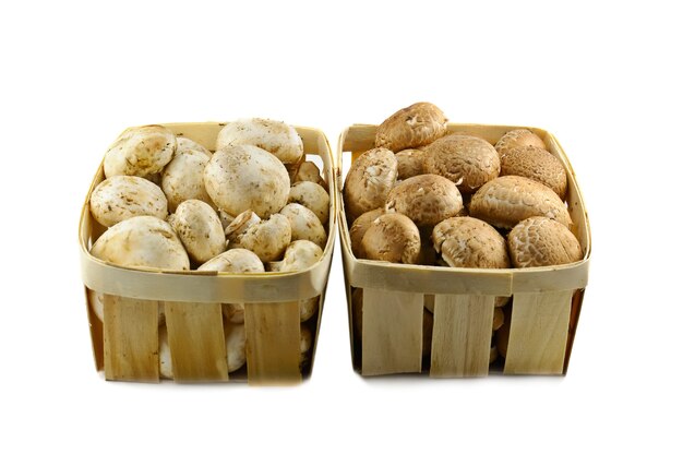 Two wooden baskets with different kinds of champignons