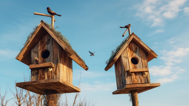 Two wooden bird houses with birds sitting on top of them