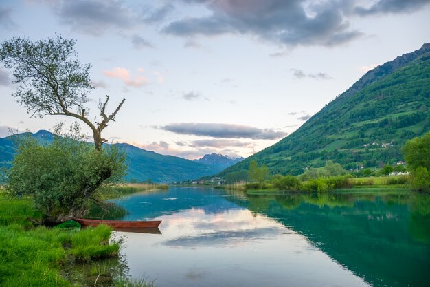 Two wooden boats are chained to the trunk of a tree on the shore.