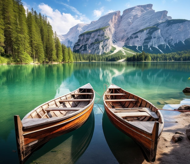 two wooden boats tied to a wooden dock in the mountains
