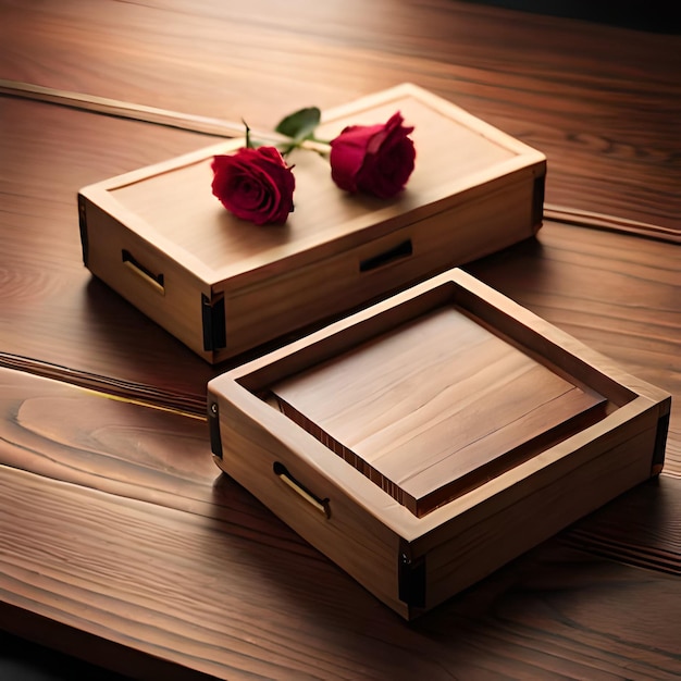 Two wooden boxes with red roses on them on a table.