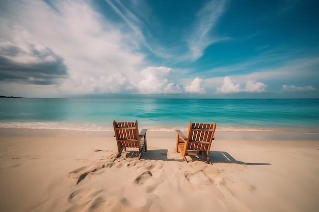 Two wooden chairs on the ocean Ai Generative