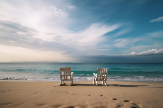 Two wooden chairs on the ocean Ai Generative