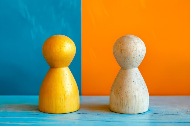 Photo two wooden dummy figures on blue and orange background