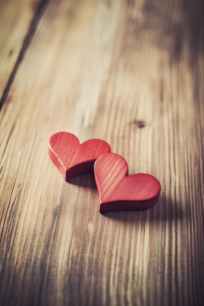 Two wooden hearts on a wooden table.