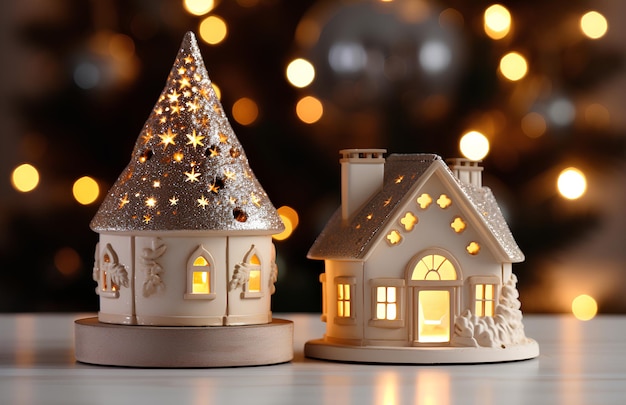 Фото Два деревянных огня рождественская елка и рождественский дом