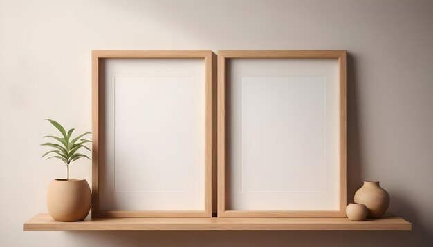 Two wooden photo frame on shelf in living room interior on empty wall