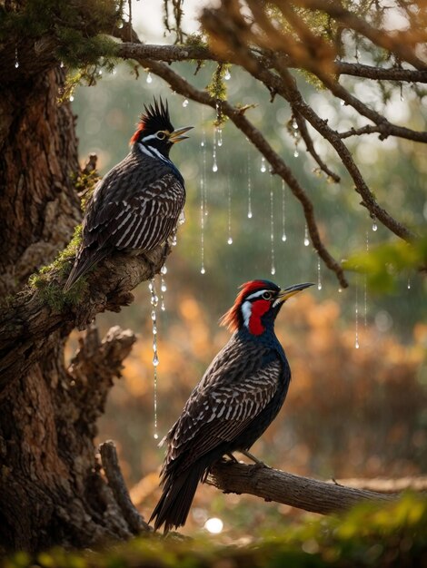 Two Woodpeckers Perched on a Rainy Tree Branch