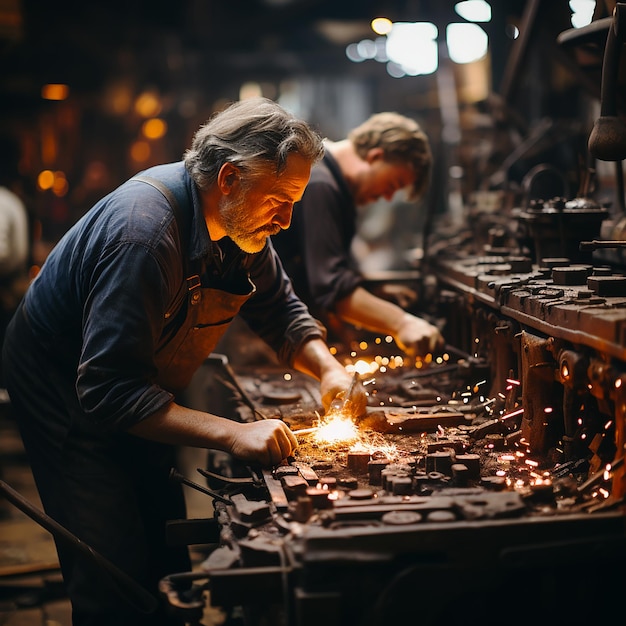 Two worker making gates in smithy