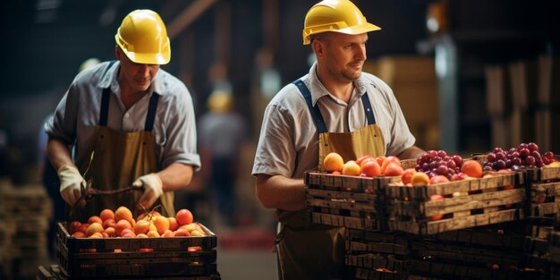 Two workers carrying crates of fruits at warehouse agribusiness concept