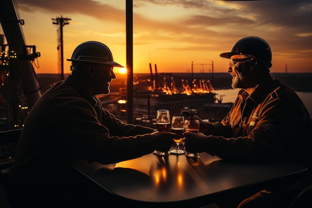 Двое рабочих стучат бокалы на фоне морского порта на закате