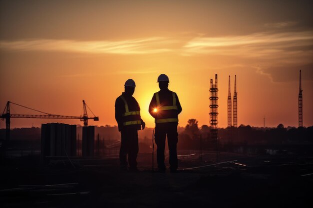 Two workers at a construction site at sunset