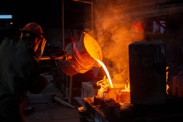 Two workers filling out mold with molten metal in factory