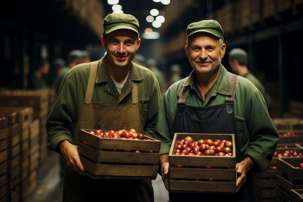 Two workers holding crates of apples at warehouse agribusiness concept