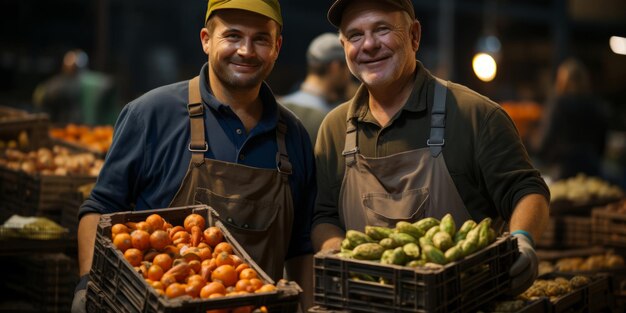 Two workers holding crates of vegetables at warehouse agribusiness concept