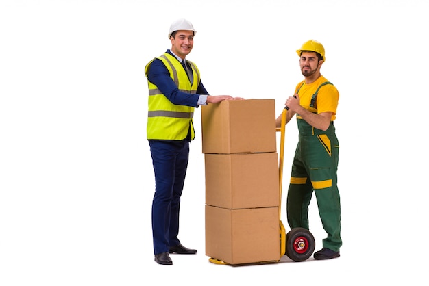 Two workers isolated on the white wall