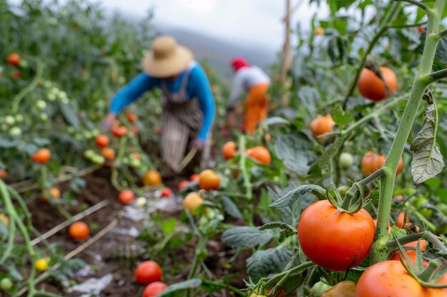 Foto due lavoratori che raccolgono i pomodori in un campo con una montagna sullo sfondo