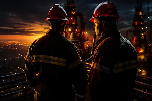 두 명 의 노동자 들 이 밤 에 석유 기지 를 지켜보고 있다