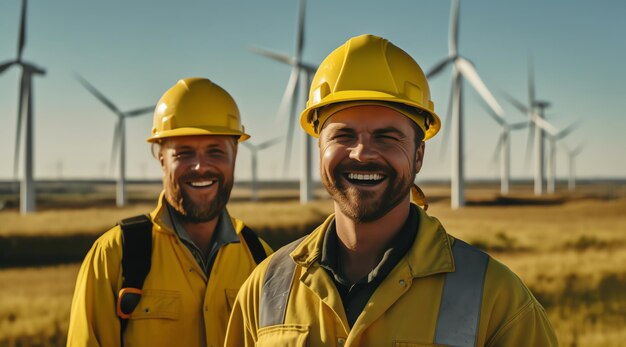 Two workers work at wind power plant