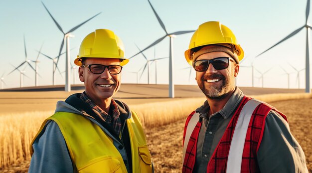 Two workers work at wind power plant