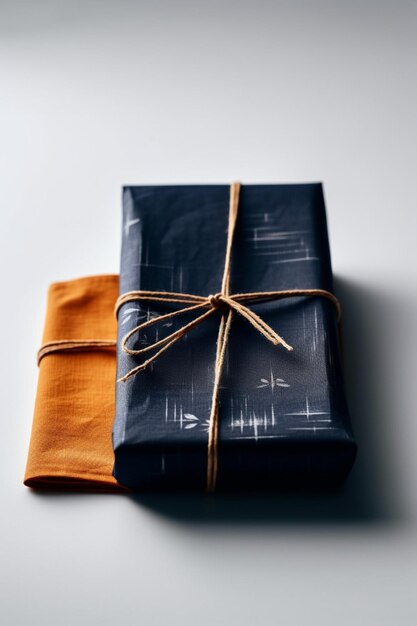 Two wrapped gift boxes with a black and orange cover tied with a string.