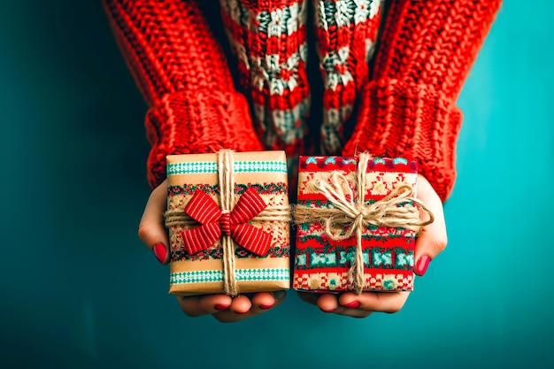 Два упакованных подарка держатся в чьих-то руках один с красным луком и другой с синим луком