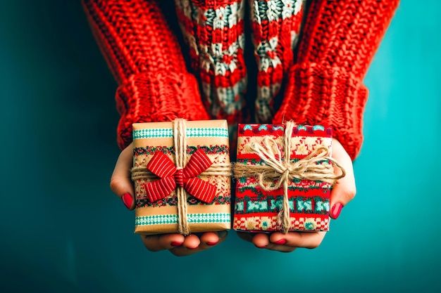 Two wrapped presents are held in someones hands one with red bow and the other with blue bow