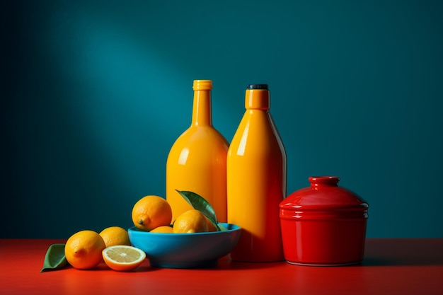 Two yellow bottles of oranges sit on a table with a bowl of lemons.